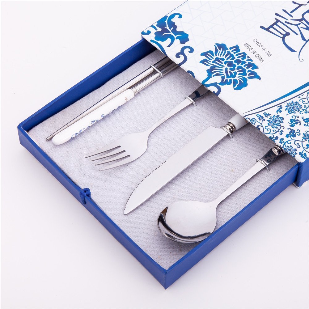 4 Pcs Elegant Oriental Inspiration Silverware Stainless Steel Chopsticks, Fork,