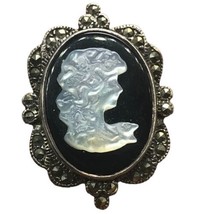 Vtg Ring Marked Su 925 Sterling Onyx Cameo Marcasite Sz 8 - £58.57 GBP