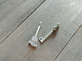 2 Broom Charms Antiqued Silver Witch&#39;s Broom Halloween Pendants Findings - $2.35