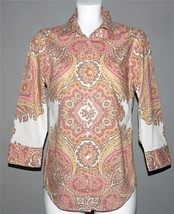 Tommy Bahama Pink Tan Yellow Coral Paisley Medallion 3/4 Sleeve Blouse Wm&#39;s 8 - £18.37 GBP