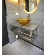 Weathered Finish Wood and Amber Embossed Tempered Glass Sink Floating Wa... - $245.59 CAD