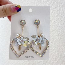 MENGJIQIAO Korean  Rhinestone Hollow Heart Drop Earrings For Women Elegant Cryst - £8.57 GBP