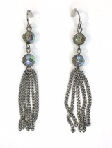 Silver Tone &amp; Iridescent Bead Dangle Drop Earrings Fringe Tassel - £8.48 GBP