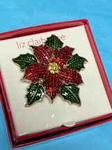 Liz Claiborne Layered Red &amp; Green Enamel Poinsettia Flower Christmas Holiday Pin - £17.64 GBP