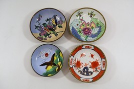 Japanese Handpainted Porcelain Enamel Plates Brass Set of 4 Birds Flowers - £35.99 GBP