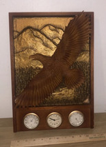 Vtg Weather Station Wall Barometer  Hygrometer Clock Wood Look Eagle Copper - £109.67 GBP