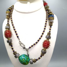Vintage Talbots Long Beaded Necklace, Boho Chic Multi Color Mixed Materials - £28.37 GBP