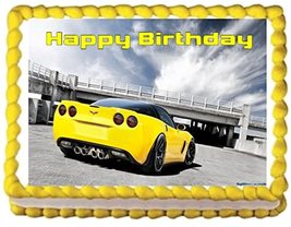 Yellow Corvette Teen Happy Birthday Edible Cake Topper Edible Image Cake Toppers - $16.47