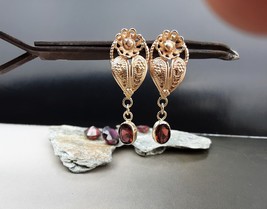 Gold earrings. Filigree earrings. 14k yellow gold filigree earrings with Red Gar - $595.00