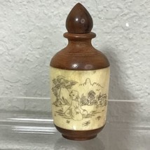 Vintage Antique Chinese Snuff Bottle Wooden Hard Painted 3.25” Perfume - £31.64 GBP