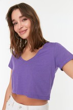 Purple 100% Cotton Crop V-Neck Knitted T-Shirt TWOSS22TS0551 - $17.00