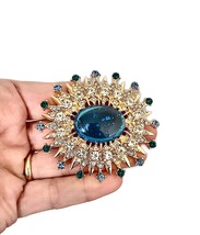 Vintage Inspired Blue Resin &amp; Crystals Cabochon Large  Pin Brooch - $13.30