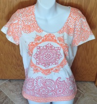 Hannah Womans Sz L Orange White Aztec Paattern T-Shirt Top - £7.72 GBP