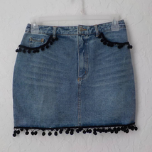 Free the Roses Blue Denim Mini Jean Skirt PomPom Tassel Western Boho Fit... - £10.95 GBP