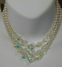 Vintage Triple Strand Graduated Crystal &amp; Faux Pearl Necklace - £22.21 GBP
