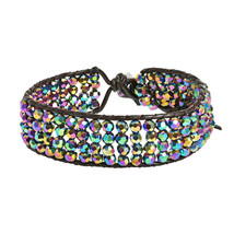Shimmering Four Row Rainbow Luster Crystal Net Leather Bracelet - $15.83