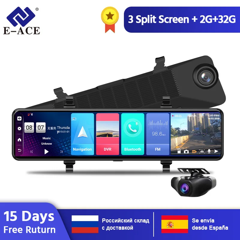 E-ACE D15 Car Dvr 12 Inch Streaming RearView Mirror 4G Android Dash Cam FHD - £162.39 GBP+