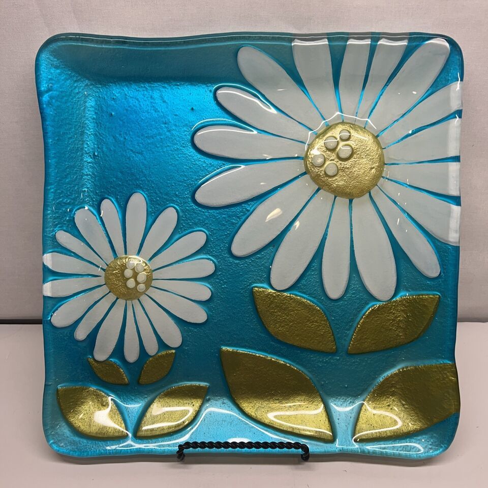 Silvestri Demdaco Glass Plate Turquoise Daisies Lori Siebert 2013 - $34.65