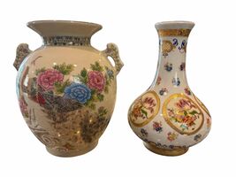 2 Vintage Japan Satsuma Floral &amp; Asian Inspired Peacock Ceramic Vases - $38.61