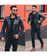 Men Genuine Lambskin Quilted Real Leather Motorcycle Slim fit Biker Jack... - £55.38 GBP+