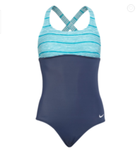 NIKE Womens size Medium Heather Stripe Cross Back One Piece Swimsuit Oracle Aqua - £42.23 GBP