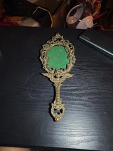 VINTAGE BRASS ORNATE CHERUB HAND HELD MIRROR VANITY DRESSER Pegs on Bottom - $13.95