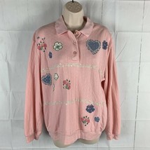 Vintage Women&#39;s Large Pink Heart Floral Sweatshirt Collared Cute Love Te... - £19.80 GBP