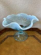 Vtg Fenton Blue Opalescent Ruffled Edge 8431 Water Lily Footed Compote Dish - £34.90 GBP