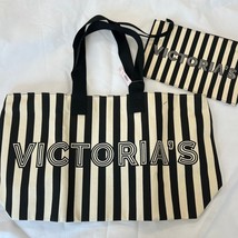 Victoria&#39;s Secret Pink Tote Weekender Bag Black Off White Vertical Strip... - $31.68