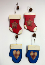 Rustic Holiday decor wood Ornaments 4 Mitten &amp; Stocking with bells - £15.98 GBP