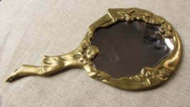 Antique Pierrot Clown &amp; Moon Brass Hand Held Vanity Mirror - £78.23 GBP