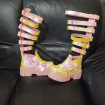 Sugar Thrillz Holographic Yellow Pink HOLO Gladiator Platform Shoes US Sz 7 - £78.21 GBP