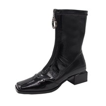 Winter Women Zip PU Leather Med-Heels Pumps Square Toe Women&#39;S Ankle Boots Sexy  - £39.27 GBP