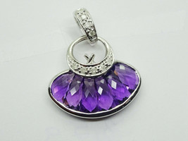 Natural Amethyst &amp; Diamond Pendant, Oval Briolette Cut, 10K White Gold ,3.5 g - £433.55 GBP