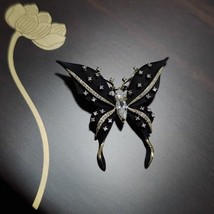 Black &amp; White Butterfly Crystal Brooch | Handmade Jewelry Lapel Pin Clip #1286A - £30.90 GBP