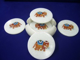 Italian Marble Coaster Set Handmade Elephant Inlay Hakik Home Decorative Gifts - £221.81 GBP