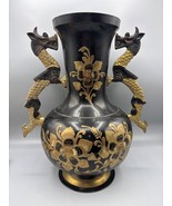 Large Vintage Black Gold Etched Brass Vase Dragon Shaped Handles - $1,021.35 MXN