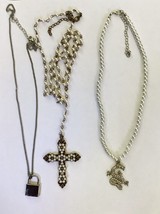 2~Pearl Bling Necklaces Cross Dragon Bling Long/Short &amp; 1~Lock Chain Silver A+++ - £18.92 GBP