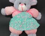 Vintage plush gray mouse pink ears nose outfit green dress flowers floral - $19.79