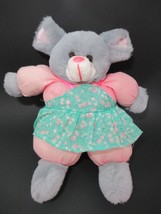 Vintage plush gray mouse pink ears nose outfit green dress flowers floral - £15.56 GBP