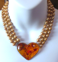3 Strand Baroque Golden South Sea Cultured Pearl necklace W/925Amber Heart Clasp - £592.15 GBP