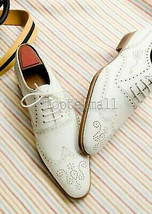Handmade Men&#39;s Leather White Custom Brogue Top Quality Men Wedding shoes-781 - £166.12 GBP