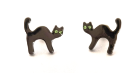 Super Cute Black Cat Earrings for Pierced Ears Green Crystals 1/2 inch Halloween - £7.44 GBP