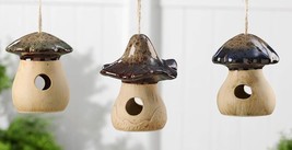 Mushroom Bird House Set of 3 Toadstool Ceramic Hanging Rustic Tan Brown Finish - £35.03 GBP