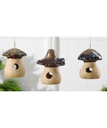 Mushroom Bird House Set of 3 Toadstool Ceramic Hanging Rustic Tan Brown ... - £35.49 GBP