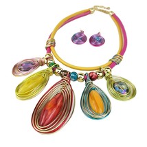 Boho Big Pendant Necklaces Jewelry Sets Leather Chain Colorful Resin Crystal Met - £21.46 GBP
