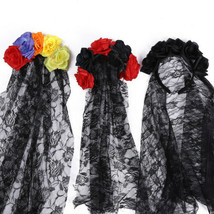 Veils With Flower Hair Band Halloween Gothic Bride Day Of the Dead Black Wedding - £9.10 GBP