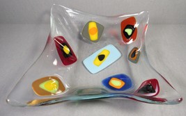 Fused Art Glass Small Square-Free form Bowl-Dish Clear Multicolor 6&quot; x 1.5&quot;. - £10.20 GBP
