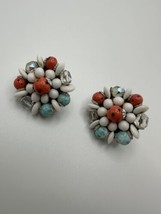 Antique Japanese Clip Earrings Robins Egg Blue And Coral Red 2.7cm - £23.73 GBP