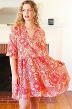 All You Need Peach &amp; Coral Boho Floral V Neck Dress - £28.27 GBP